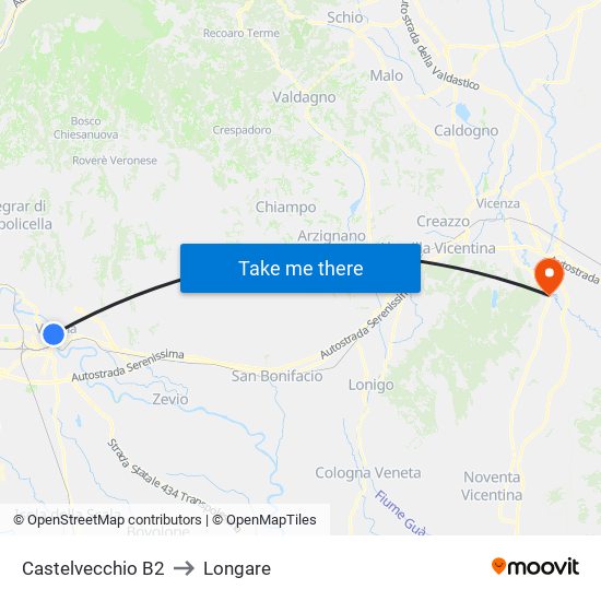 Castelvecchio B2 to Longare map