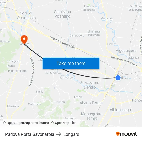 Padua Porta Savonarola to Longare map