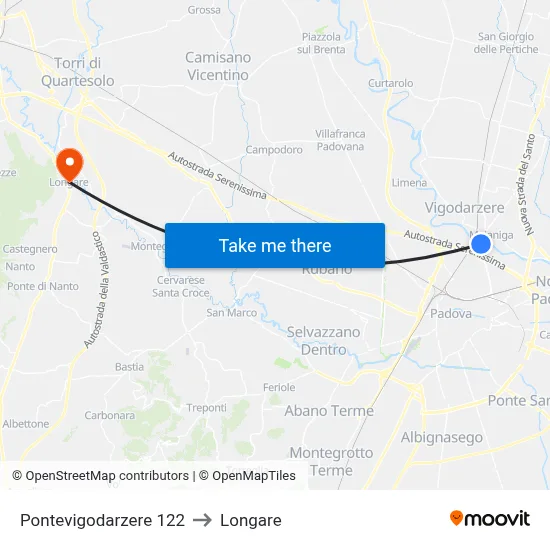 122 Pontevigodarzere to Longare map