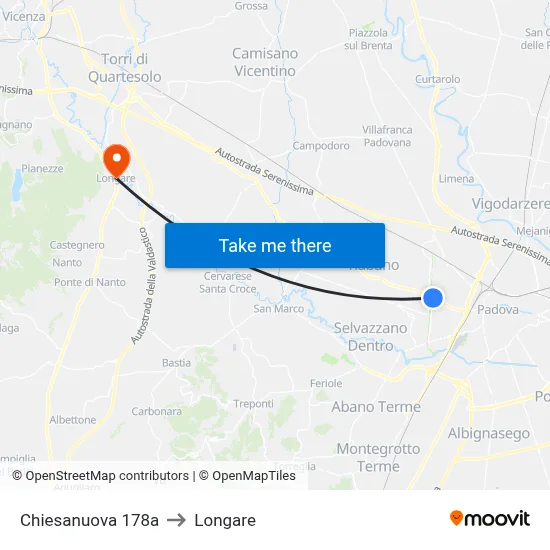 Chiesanuova 178a to Longare map