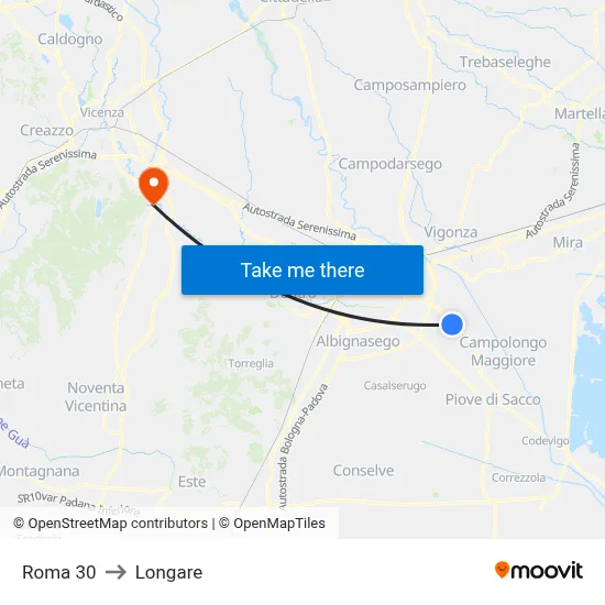 Roma 30 to Longare map