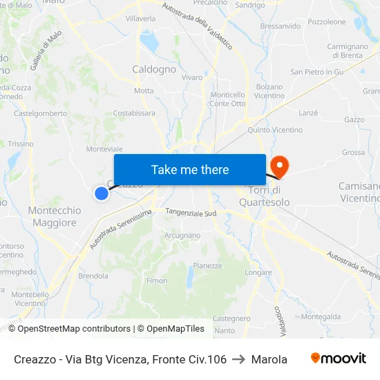 Creazzo - Via Battalion Vicenza, Opposite 106 to Marola map
