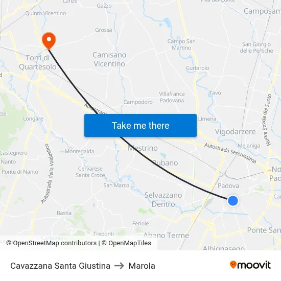 Cavazzana Santa Giustina to Marola map