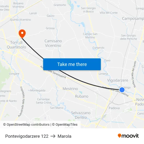 122 Pontevigodarzere to Marola map