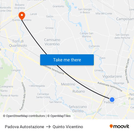 Padova Autostazione to Quinto Vicentino map