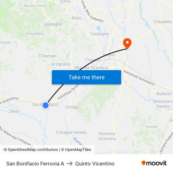 San Bonifacio Ferrovia A to Quinto Vicentino map