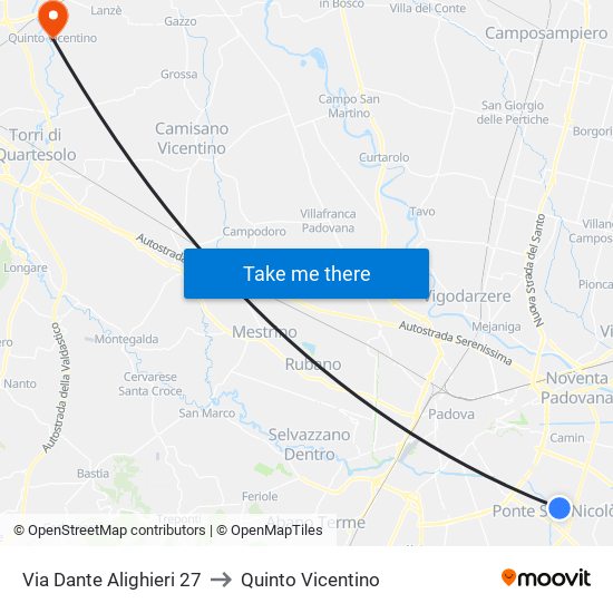Via Dante Alighieri 27 to Quinto Vicentino map