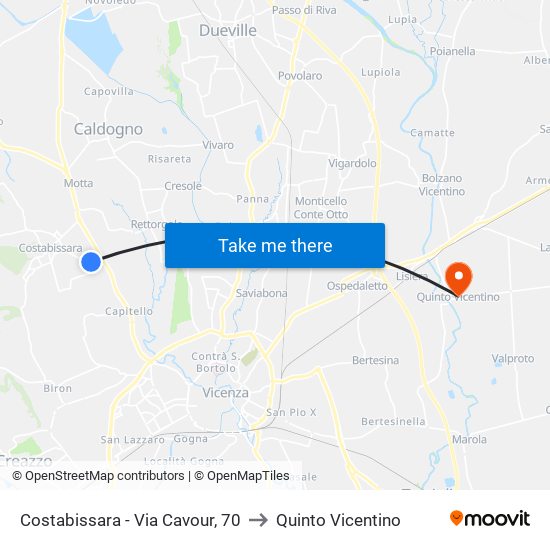 Costabissara - Via Cavour, 70 to Quinto Vicentino map