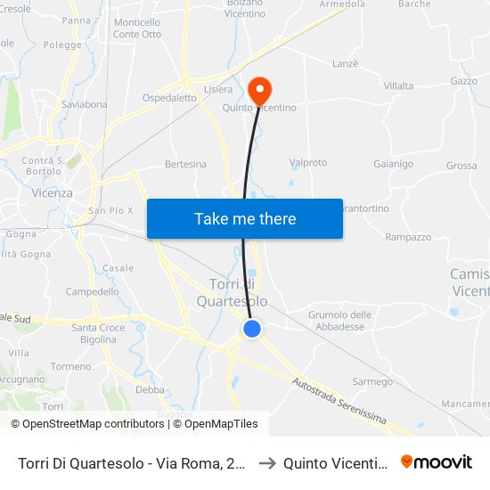 Torri Di Quartesolo - Via Roma, 292 to Quinto Vicentino map