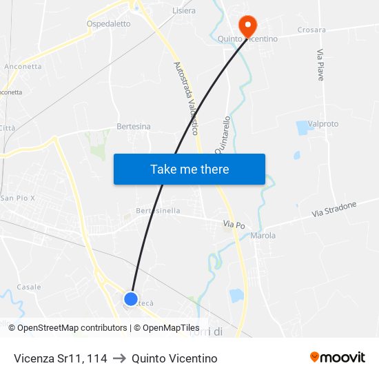 Vicenza Sr11, 114 to Quinto Vicentino map