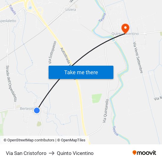 Via San Cristoforo to Quinto Vicentino map