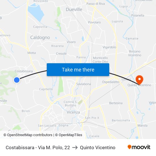 Costabissara - Via M. Polo, 22 to Quinto Vicentino map