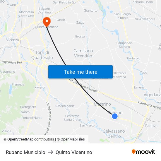 Rubano Municipio to Quinto Vicentino map