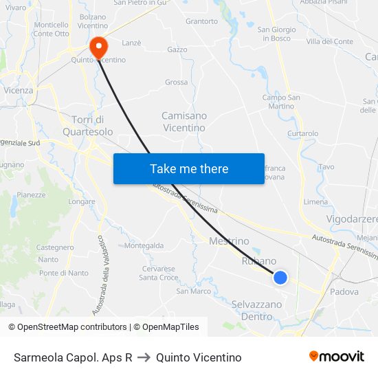 Sarmeola Capol. Aps R to Quinto Vicentino map