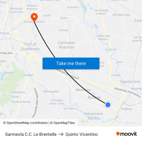 Sarmeola C.C. Le Brentelle to Quinto Vicentino map