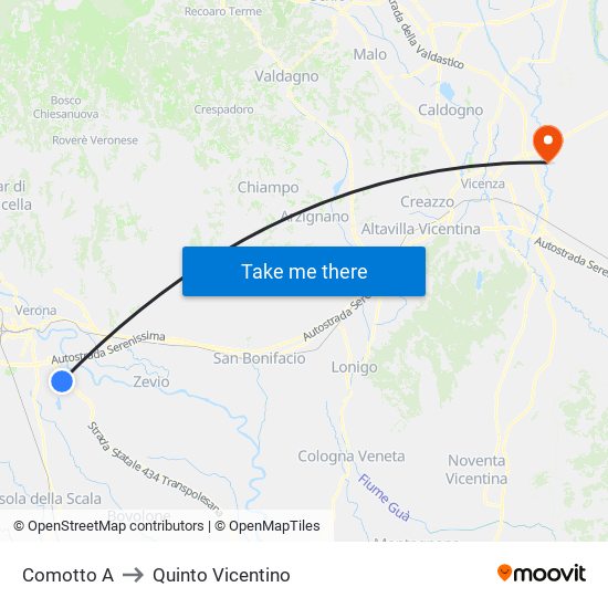 Comotto A to Quinto Vicentino map