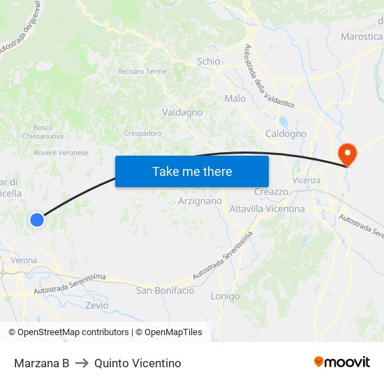 Marzana B to Quinto Vicentino map