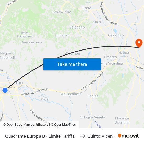 Quadrante Europa B - Limite Tariffa Urbana to Quinto Vicentino map