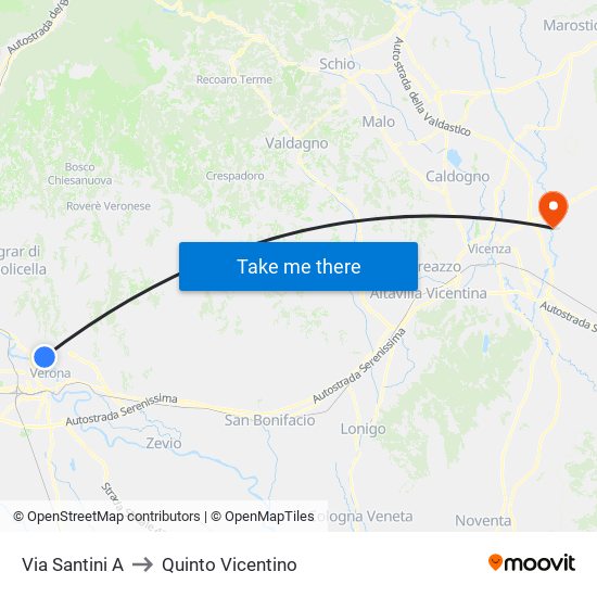 Via Santini A to Quinto Vicentino map