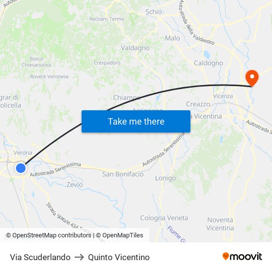 Via Scuderlando to Quinto Vicentino map