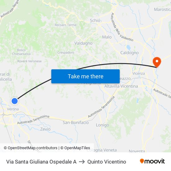 Via Santa Giuliana Ospedale A to Quinto Vicentino map