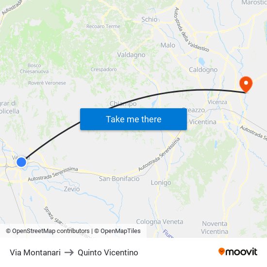 Via Montanari to Quinto Vicentino map