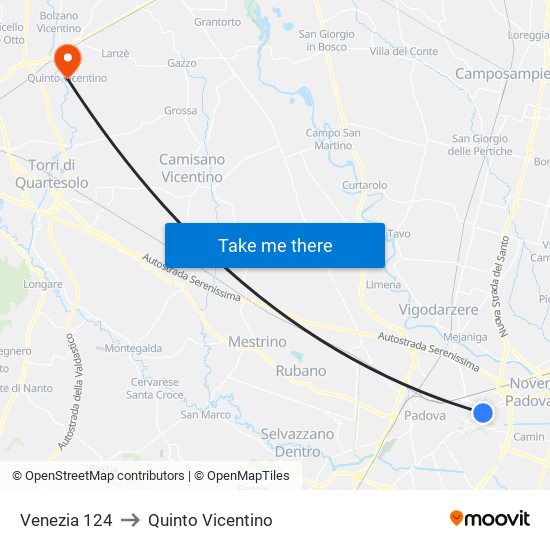Venezia 124 to Quinto Vicentino map