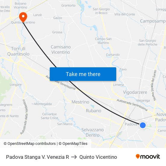Padova Stanga V. Venezia R to Quinto Vicentino map