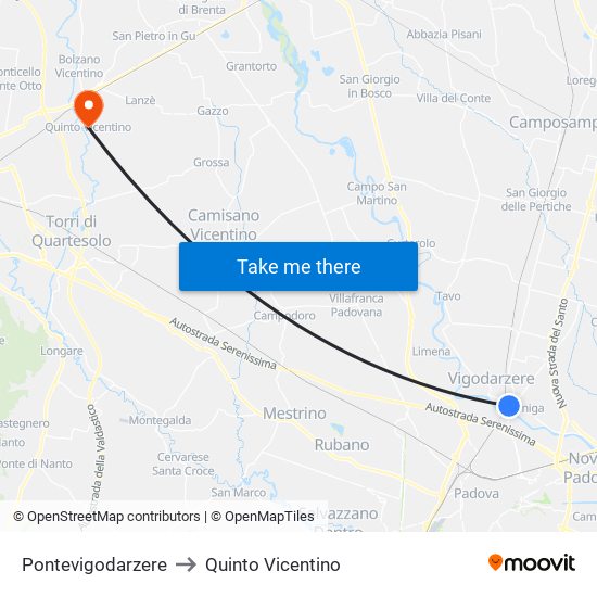 Pontevigodarzere to Quinto Vicentino map