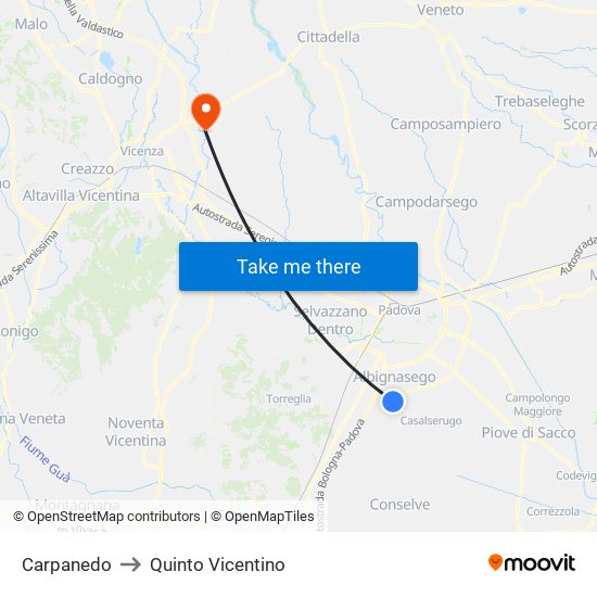 Carpanedo to Quinto Vicentino map