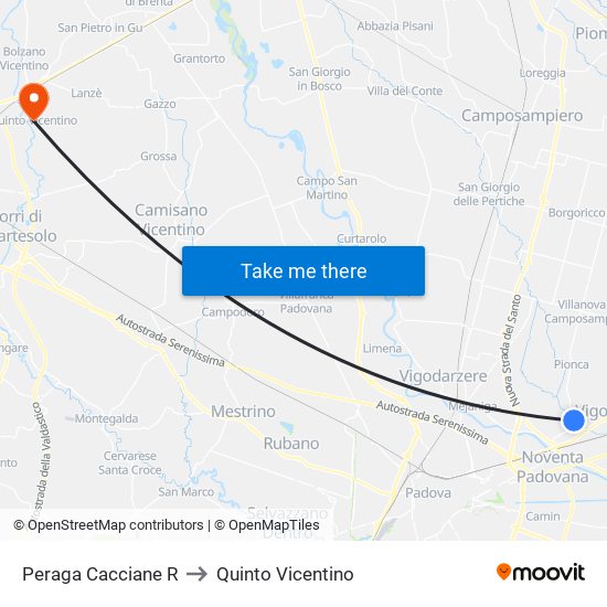 Peraga Cacciane R to Quinto Vicentino map