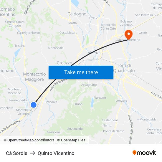 Cà Sordis to Quinto Vicentino map