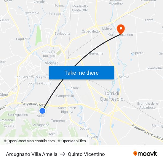 Arcugnano Villa Amelia to Quinto Vicentino map