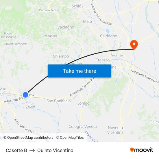 Casette B to Quinto Vicentino map