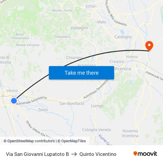 Via San Giovanni Lupatoto B to Quinto Vicentino map