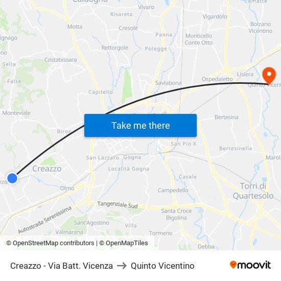 Creazzo - Via Batt. Vicenza to Quinto Vicentino map