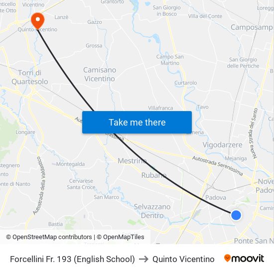 Forcellini Fr. 193 (English School) to Quinto Vicentino map