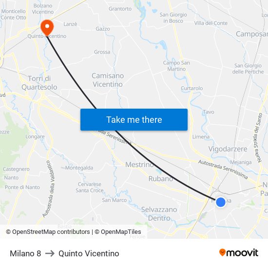 Milano 8 to Quinto Vicentino map