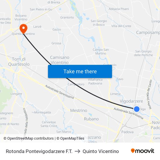 Rotonda Pontevigodarzere F.T. to Quinto Vicentino map