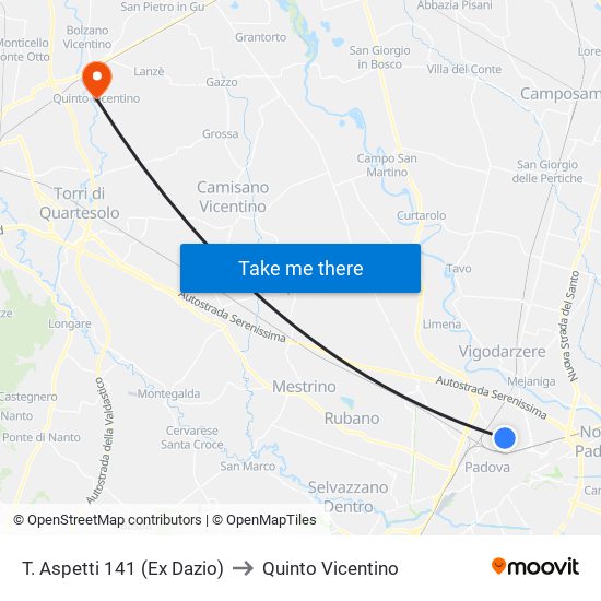 T. Aspetti 141 (Ex Dazio) to Quinto Vicentino map