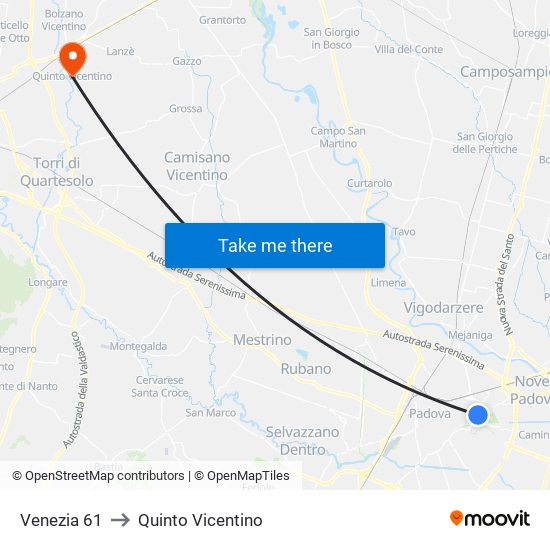 Venezia 61 to Quinto Vicentino map