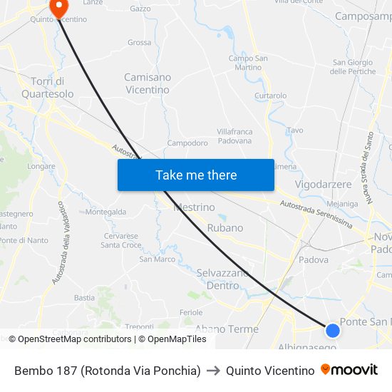 Bembo 187 (Rotonda Via Ponchia) to Quinto Vicentino map