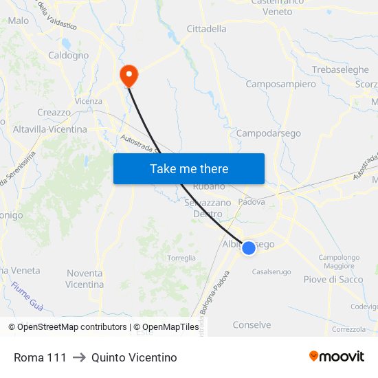 Roma 111 to Quinto Vicentino map