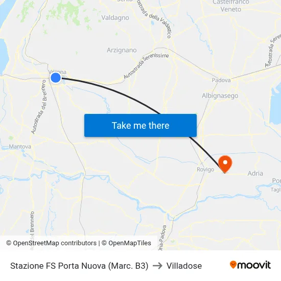 Porta Nuova Railway Station (Platform B3) to Villadose map