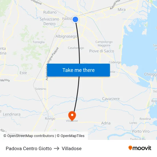 Padova Centro Giotto to Villadose map