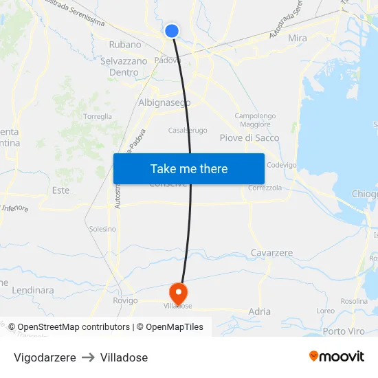 Vigodarzere to Villadose map