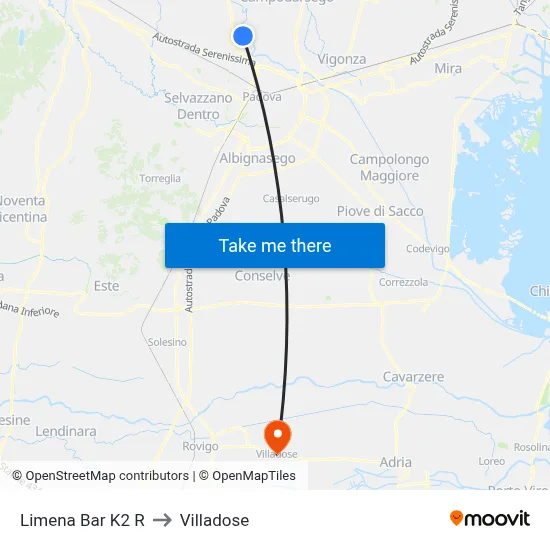 Limena Bar K2 R to Villadose map