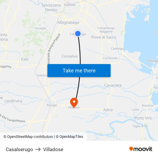 Casalserugo to Villadose map