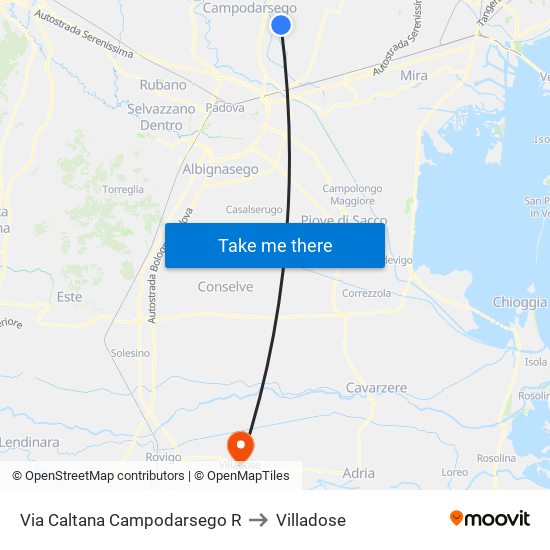 Via Caltana Campodarsego R to Villadose map
