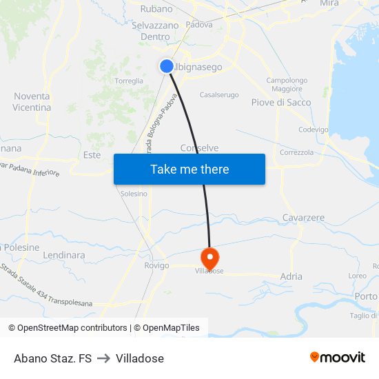 Abano Staz. FS to Villadose map